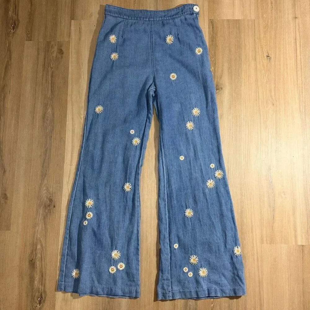 Free People Daisy Embroidered Wide Leg Jeans Boho Quiet Luxury Indie Sleaze 28